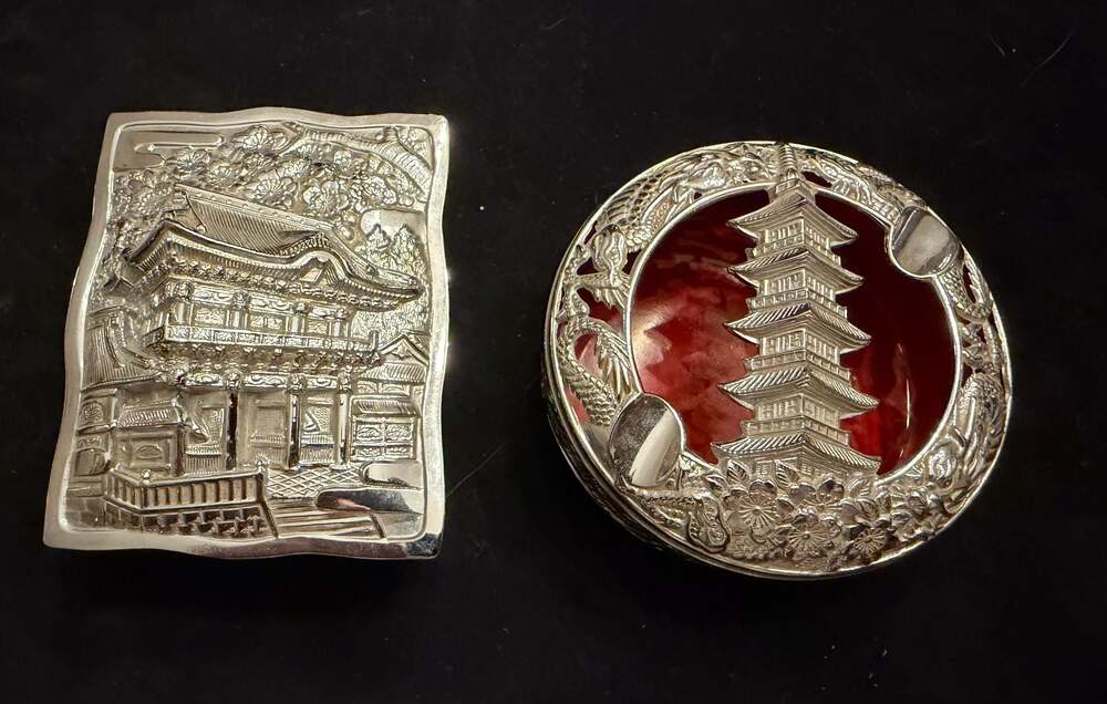 Vintage Japanese Silver-Tone Metal Trinket Box and Ashtray Set with Dragon and P